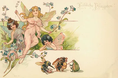 Fröhliche Pfingsten postcard with fairies and insect musicians