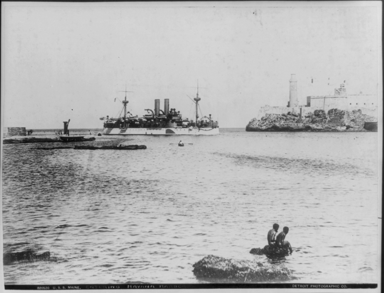 U.S.S. MAINE entering Havana Harbor [and view of part of Morro Castle], 1898 — historic photograph