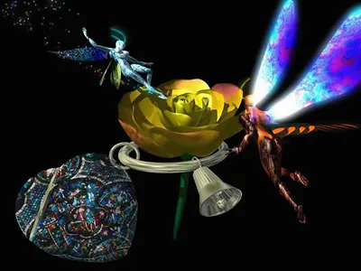 Fantasy fairy with yellow rose, bell and dragonfly