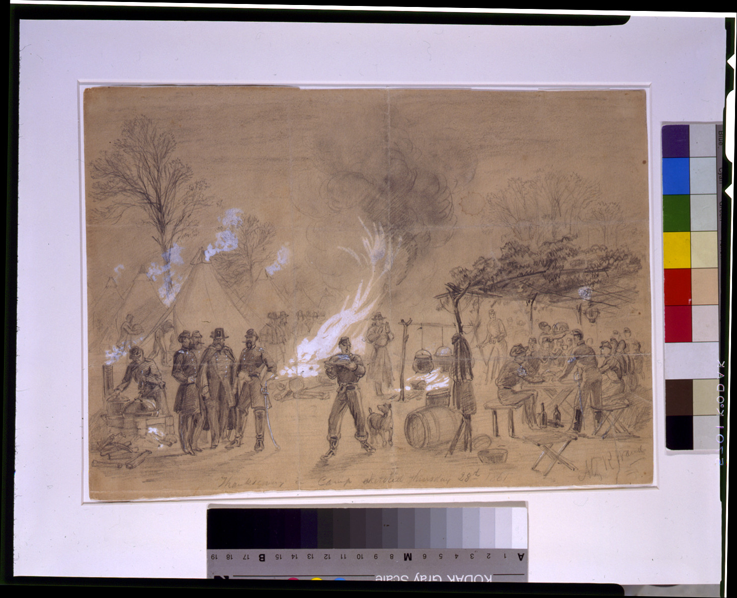 Thanksgiving in camp sketched Thursday 28th 1861, 1861 [November] 28. — historic drawing