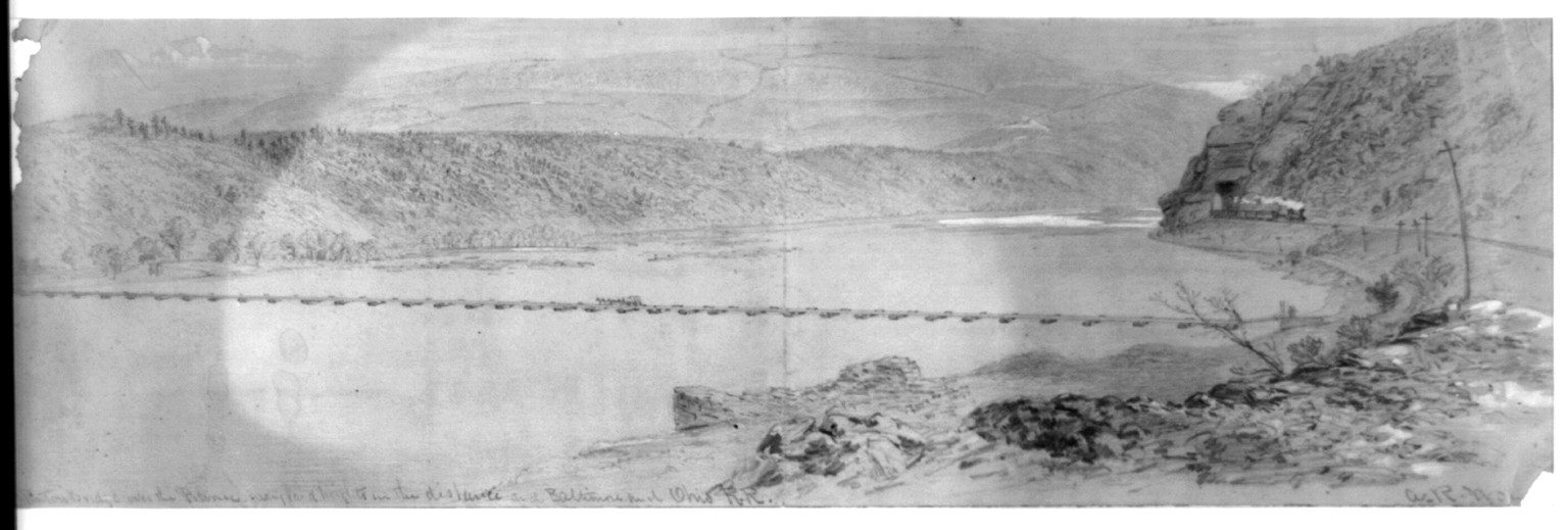 Pontoon Bridge over the Potomac. Maryland heights in the distance and Baltimore and Ohio R.R., [between 1860 and 1865] — historic drawing