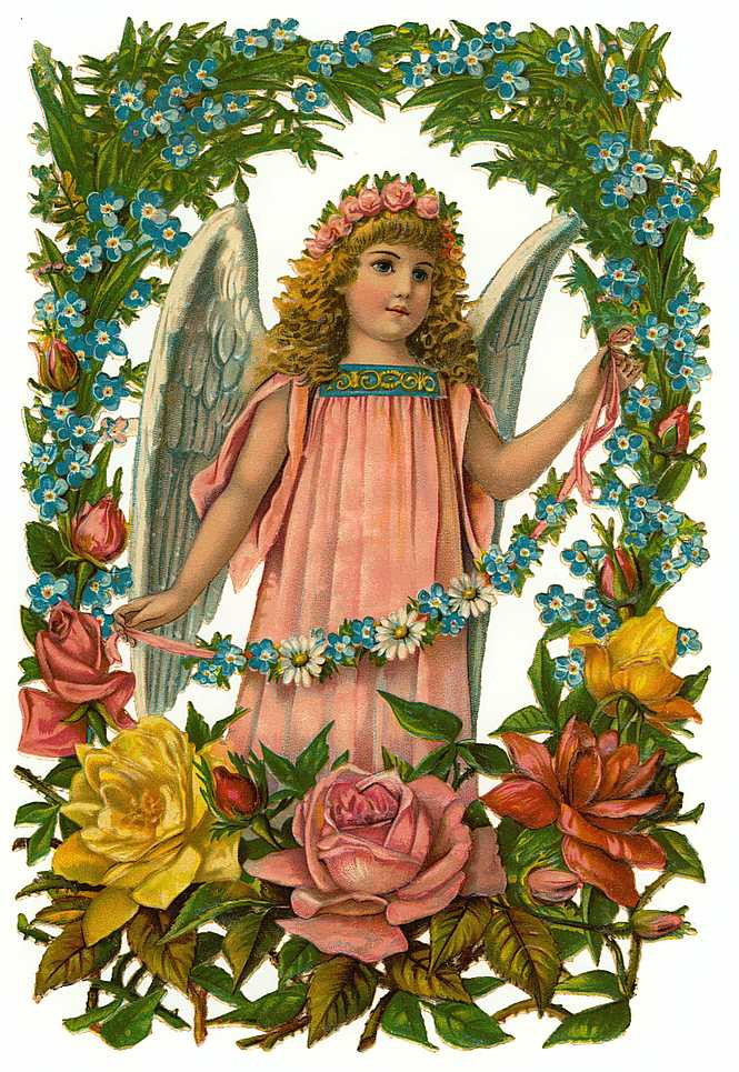 Winged angel in pink dress among flowers and forget-me-nots — historic image