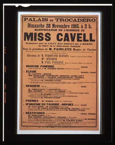 Palais du Trocadeacutero . . . Manifestation en lhonneur de Miss Cavell. Organiseacutee par la Lique des Droits de lHomme au profit de la Croix-Rouge franccedilaise