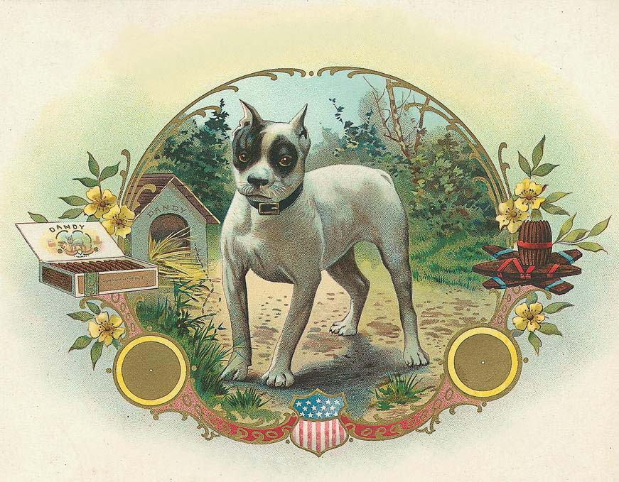 Dandy cigar box label with a dog and doghouse — historic image