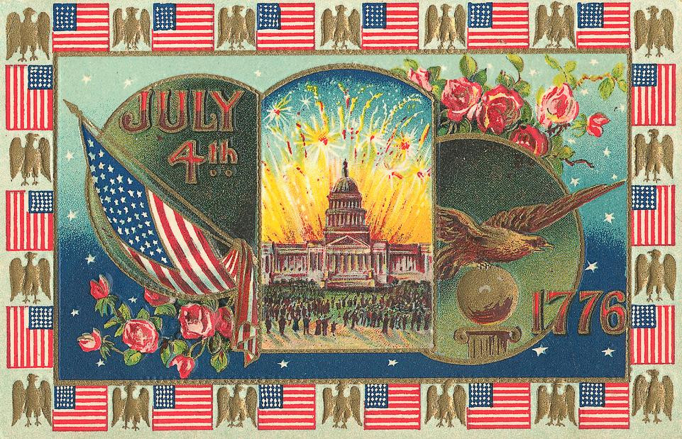 July 4th 1776 patriotic postcard with flags and Capitol — vintage postcard