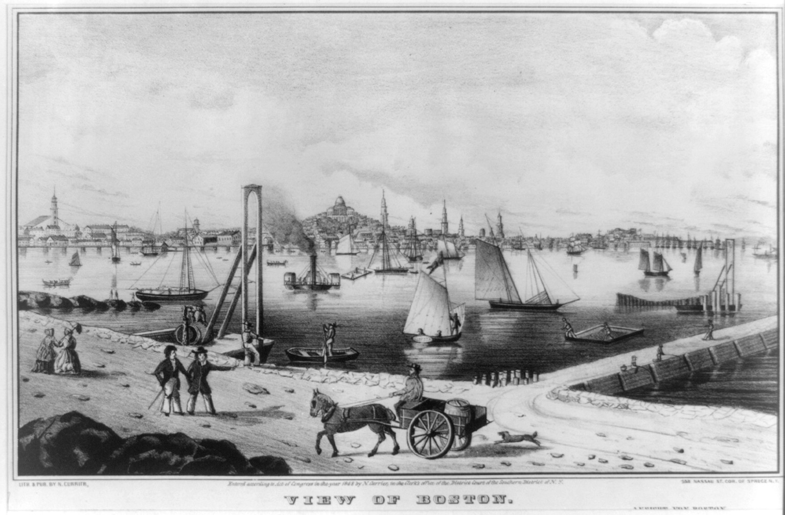 View of Boston: vue de Boston / ansicht von Boston, New York : Published by N. Currier, c1848. — antique lithograph
