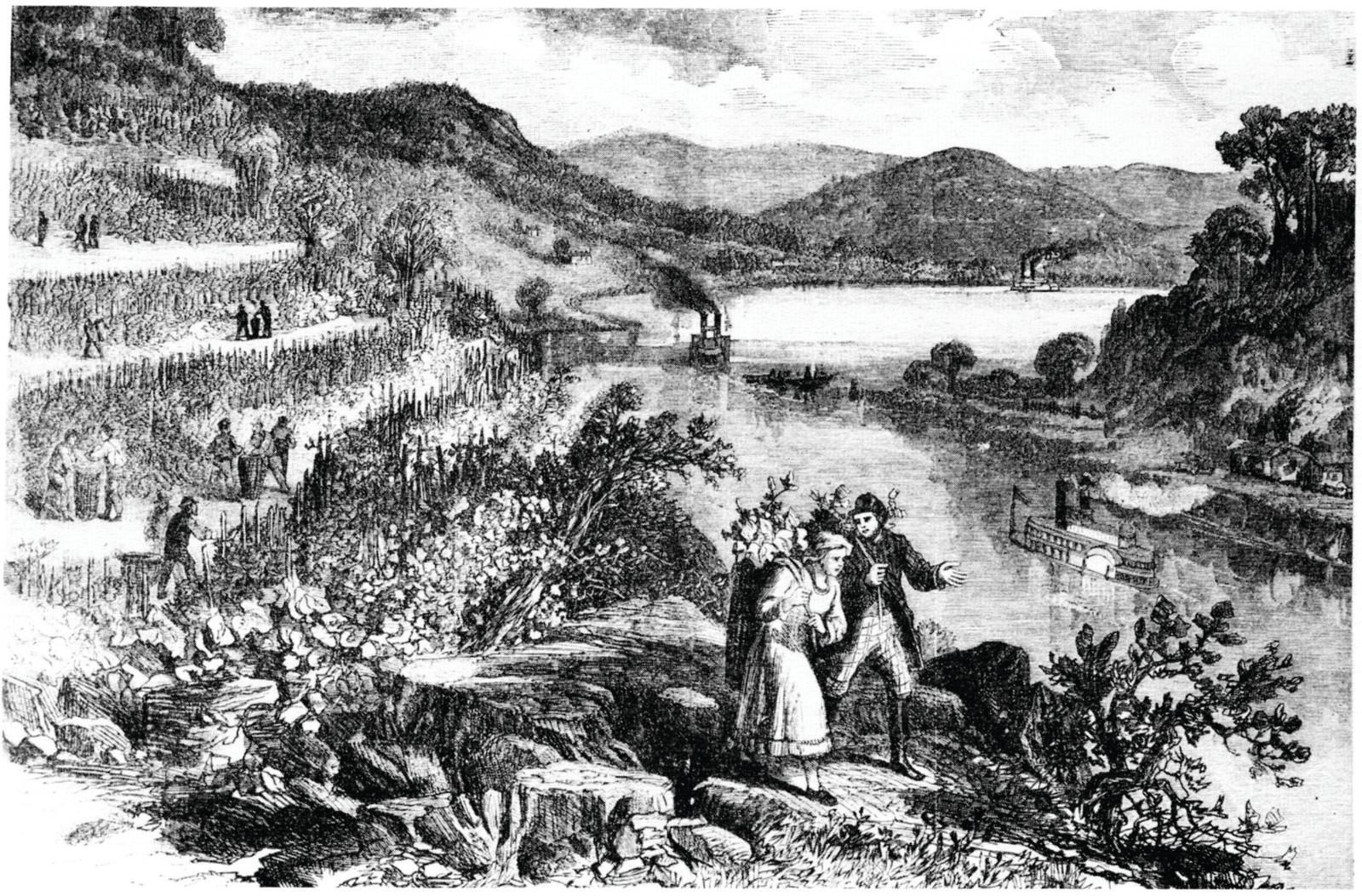 Couple on rocky ledge overlooking vineyards and steamboats on a river — historic image