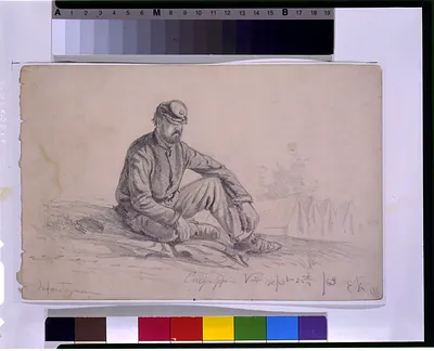 Pencil sketch of a seated infantryman beside tents