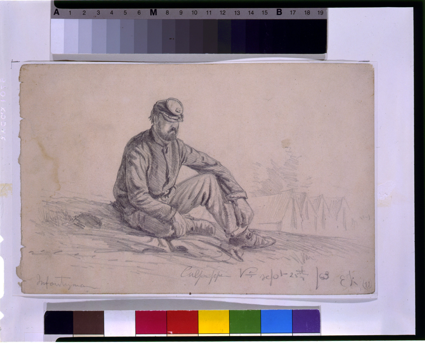 Pencil sketch of a seated infantryman beside tents — historic image
