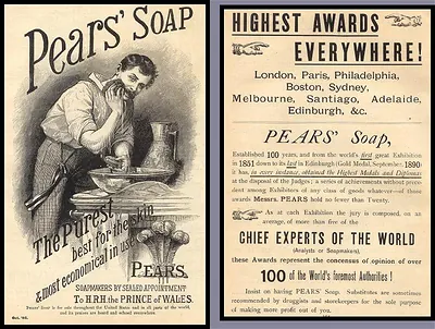 Pears' Soap advertisements: 'The Purest' and 'Highest Awards Everywhere'
