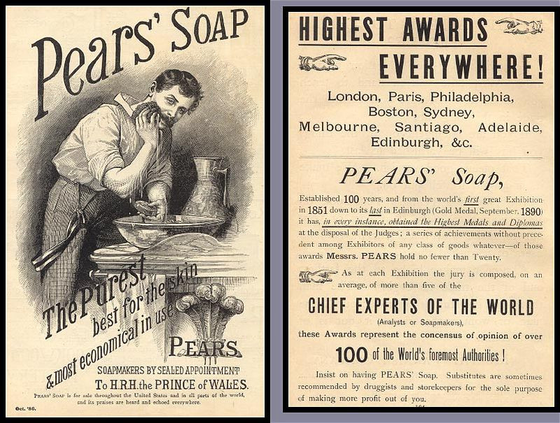 Pears' Soap advertisements: 'The Purest' and 'Highest Awards Everywhere' — historic image