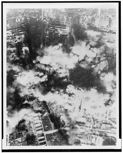 [Aerial view of bombing of Nakajima Aircraft Co., Musashino Plant, Japan]