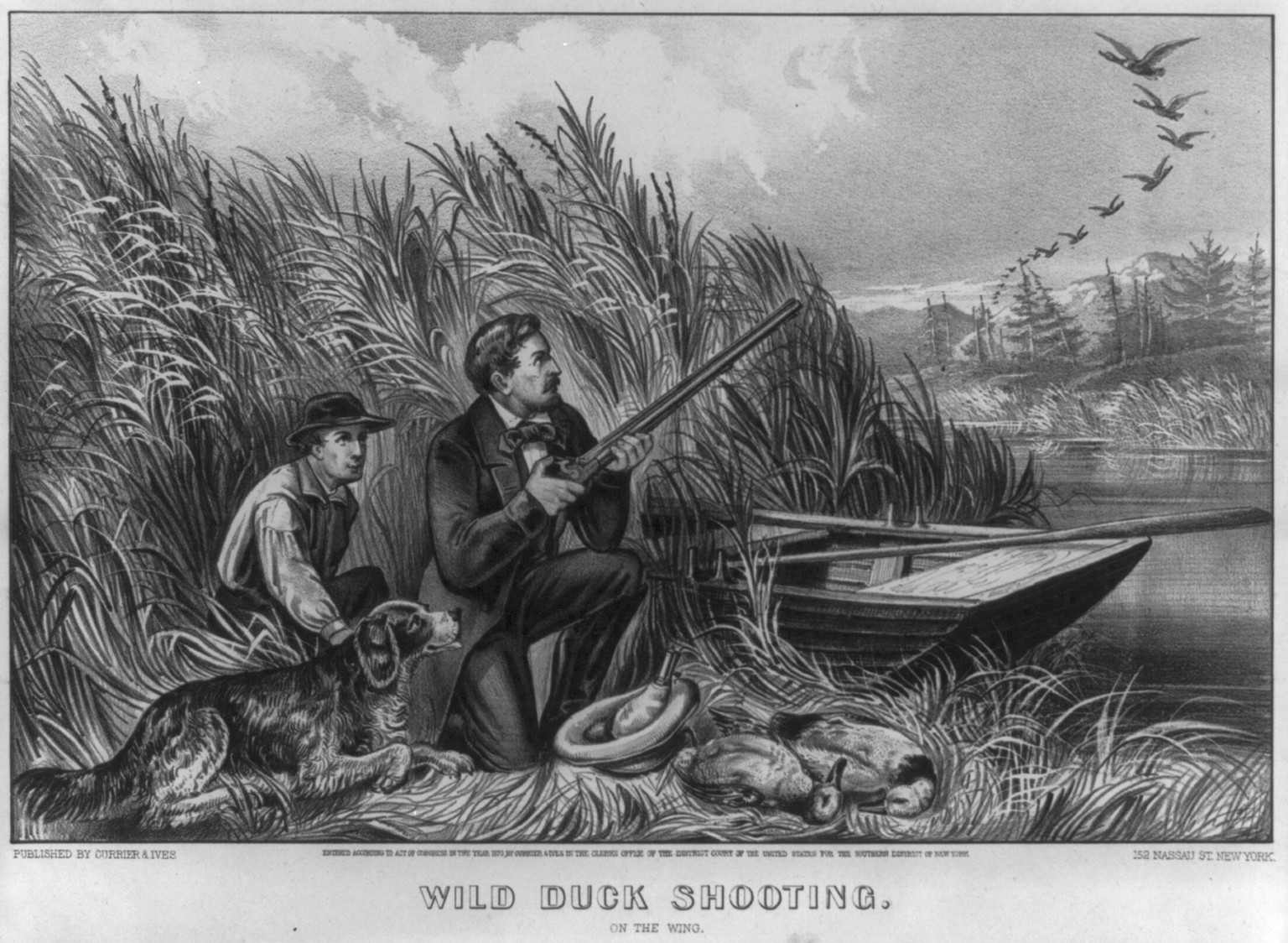 Wild duck shooting: on the wing, New York : Published by Currier & Ives, c1870. — antique lithograph