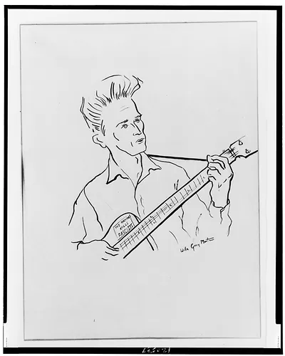 [Sketch of Woody Guthrie, half-length portrait, facing right, playing guitar] / Willa Gray Martin.