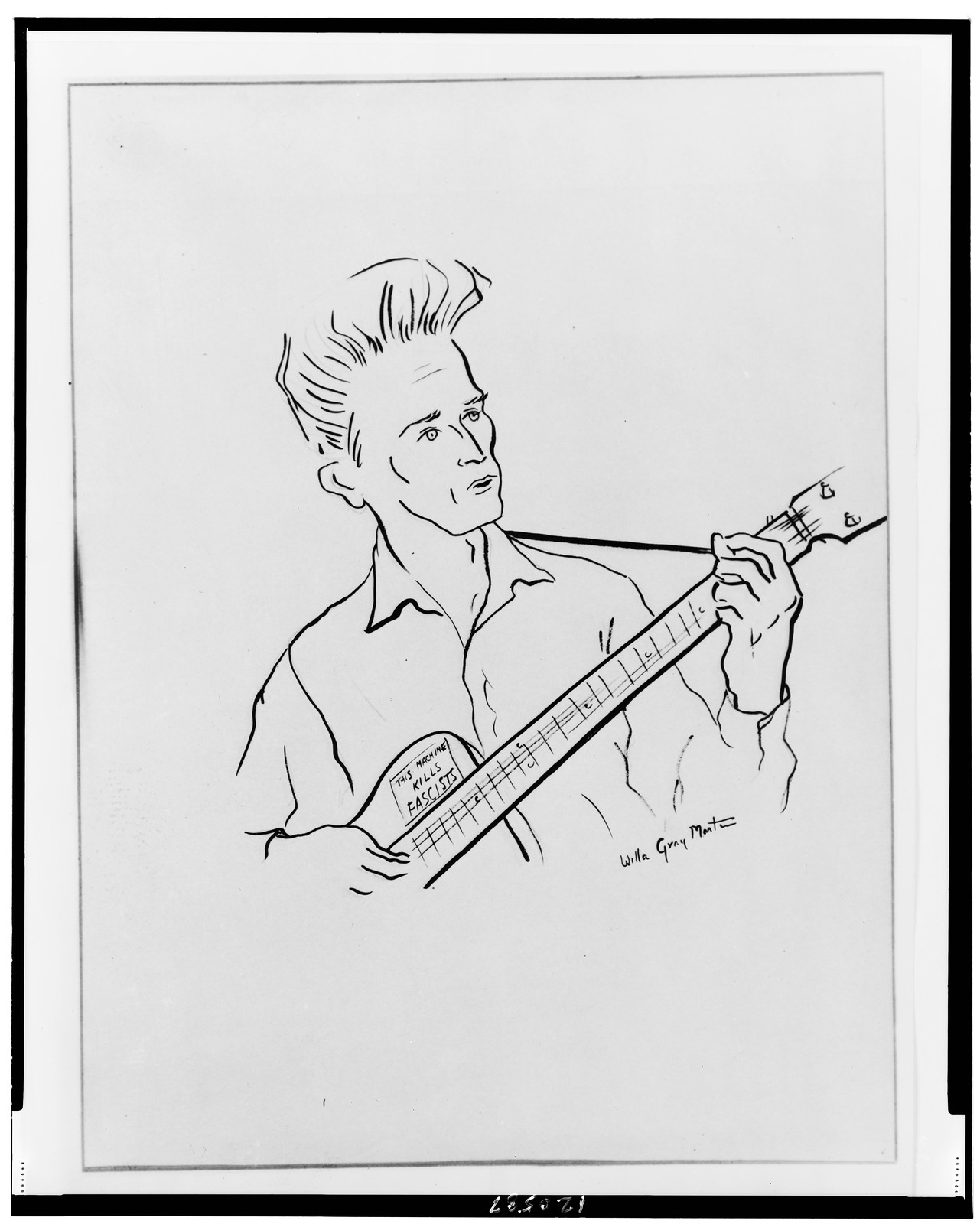 [Sketch of Woody Guthrie, half-length portrait, facing right, playing guitar] / Willa Gray Martin. — historic photograph