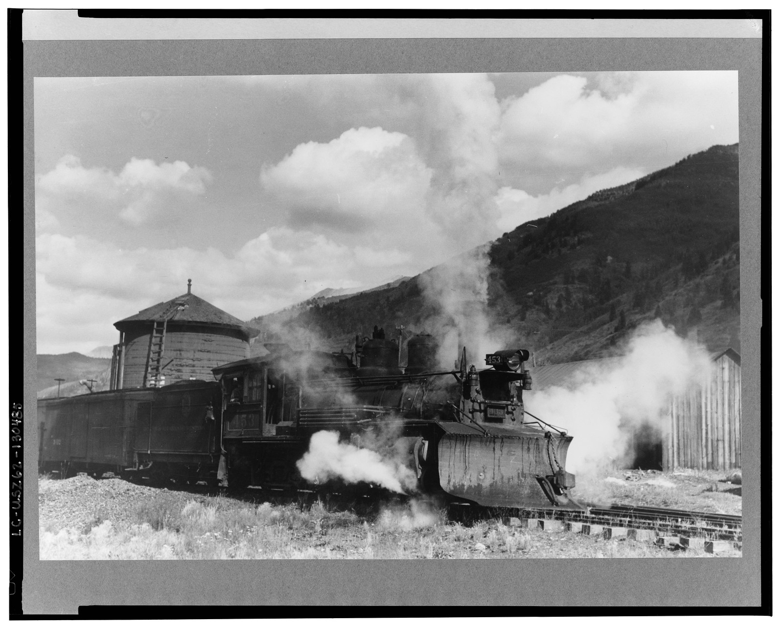 Locomotives with snowplow of narrow gauge railroad, Telluride, Colorado, 1940 Sept. — historic photograph