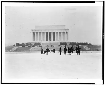 [People ice skating on Reflecting Pool, with Lincoln Memorial in background, Washington, D.C.]
