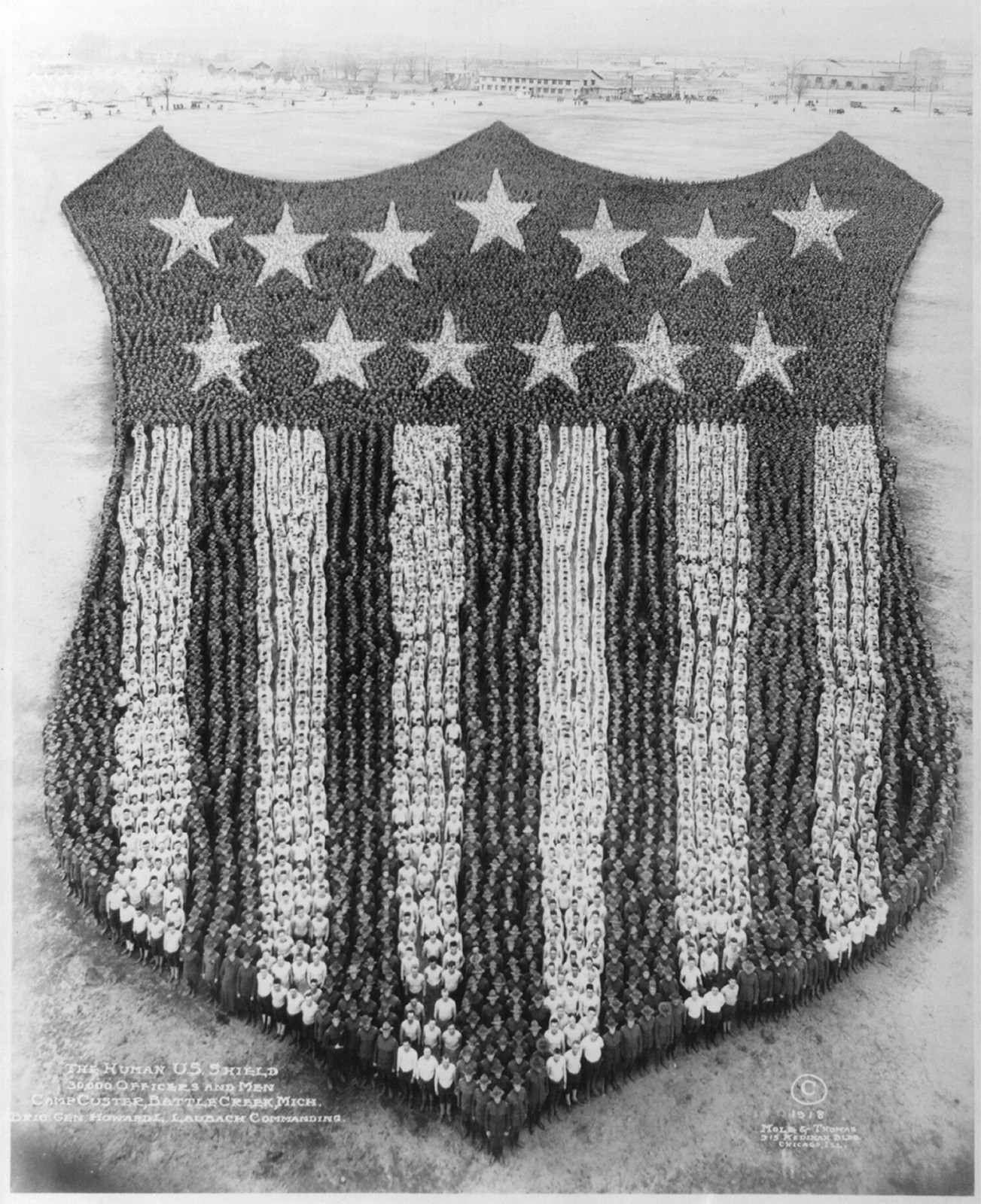 The Human U.S. Shield; 30,000 Officers And Men, Camp Custer, Battle Creek, Mich; Brig, c. 1918 — historic photograph