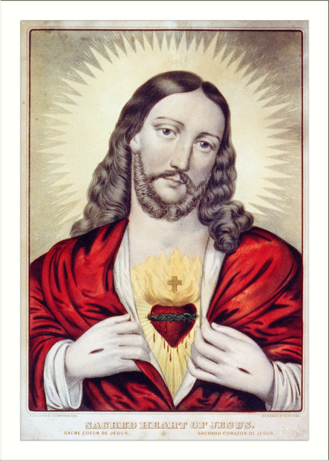 Sacred Heart of Jesus: Sacre ́Coeur de Jesus / Saǵrado Coŕazon de Jesus, New York : Published by N. Currier, [between 1835 and 1856] — antique lithograph