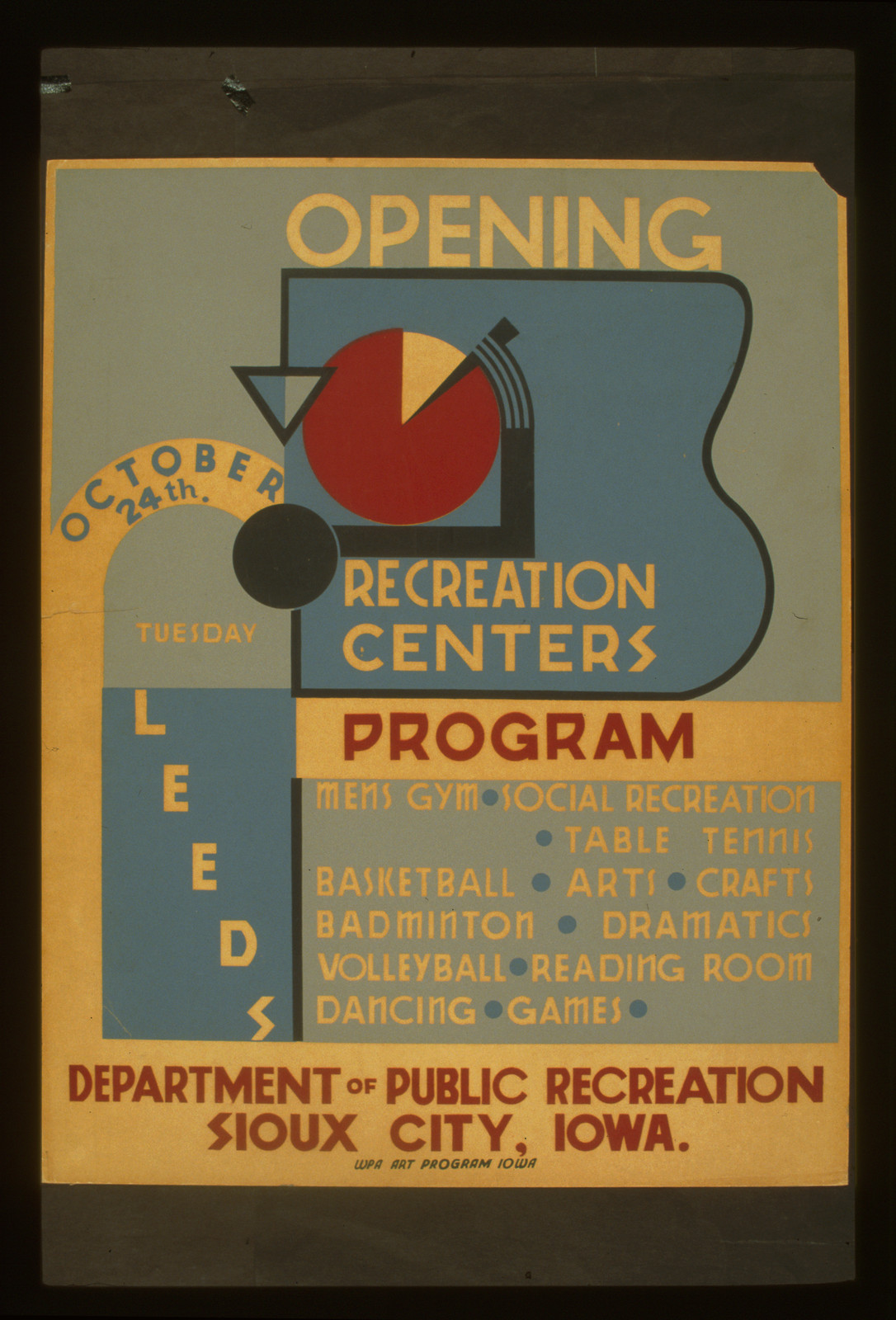 Opening October 24th Leeds recreation centers, 1939 — vintage poster