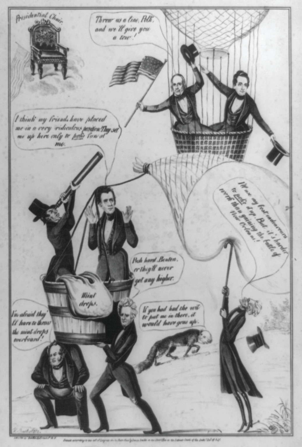 Balloon ascension to the presidential chair, N.Y. : Lith. & pub. by James Baillie, 1844. — antique lithograph