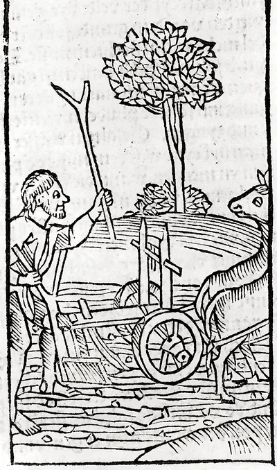 [A farmer plowing a field]