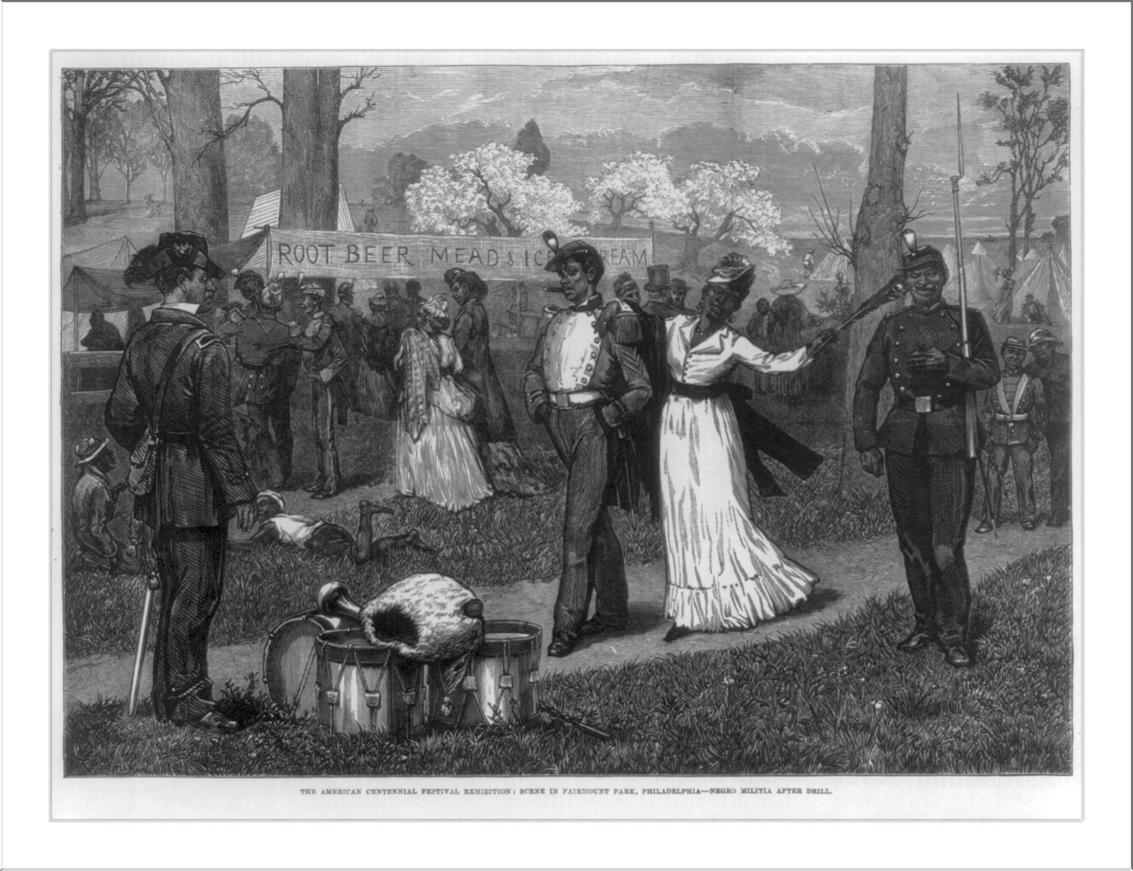 The American Centennial Festival Exhibition: Scene in Fairmount Park, Philadelphia--Negro militia after drill, [1876] — antique engraving