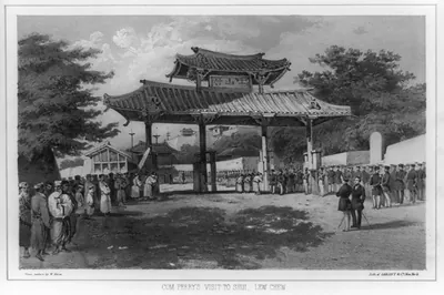 Com. Perry's visit to Shui, Lew Chew / from nature by W. Heine ; lith. of Sarony & Co., New York.