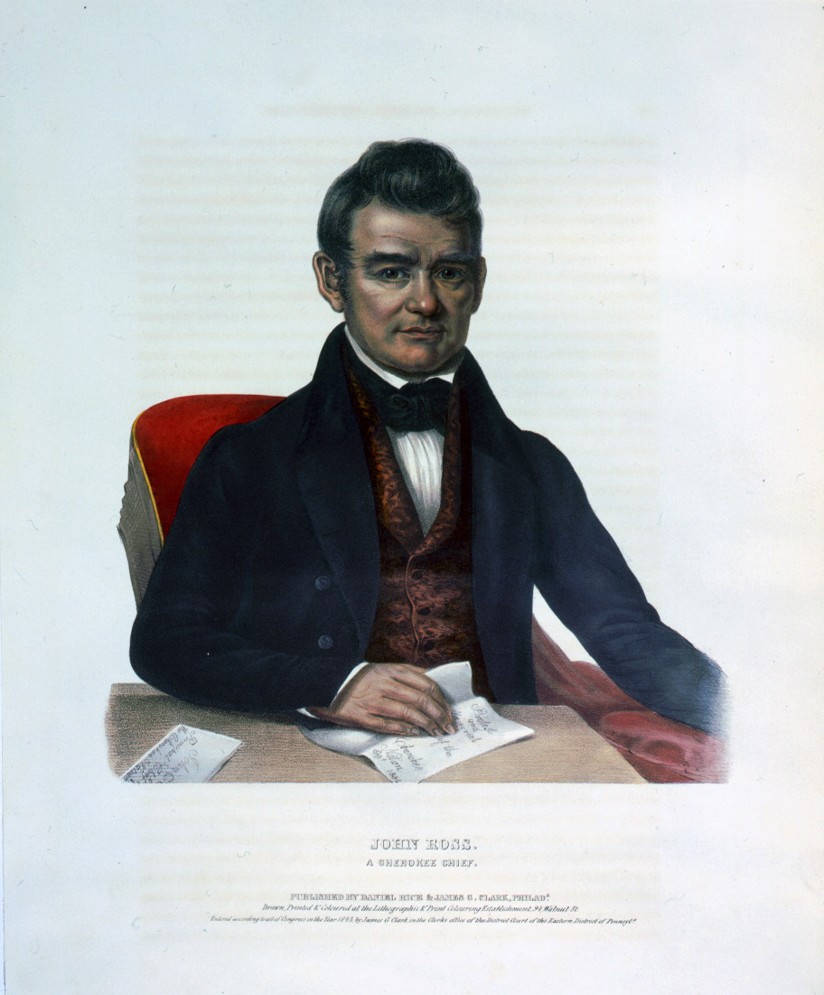 John Ross, a Cherokee chief / drawn, printed & coloured at the Lithographic & Print Colouring Establishment., Philada. : published by Daniel Rice & James G. Clark, c1843. — antique lithograph