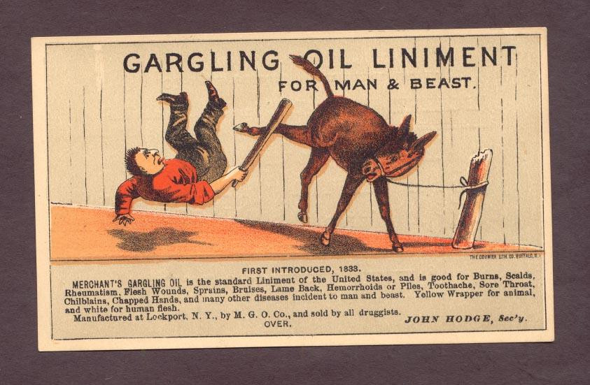 Gargling Oil Liniment for Man & Beast trade card — historic image