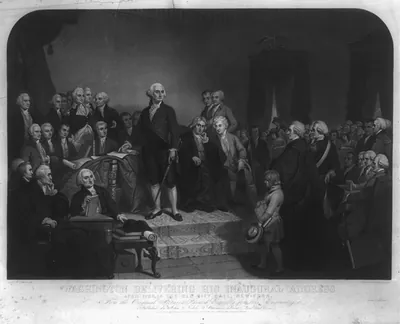 Washington delivering his inaugural address April 1789, in the old city hall, New-York / painted by T.H. Matteson ; engraved on steel by H.S. Sadd.