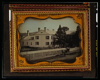 [White frame house with white picket fence at Cambridge, New York, with horse and buggy in front