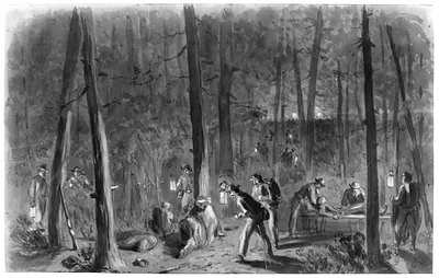 Hospital attendants - collecting the wounded after the engagement - within our lines near Hatchers run