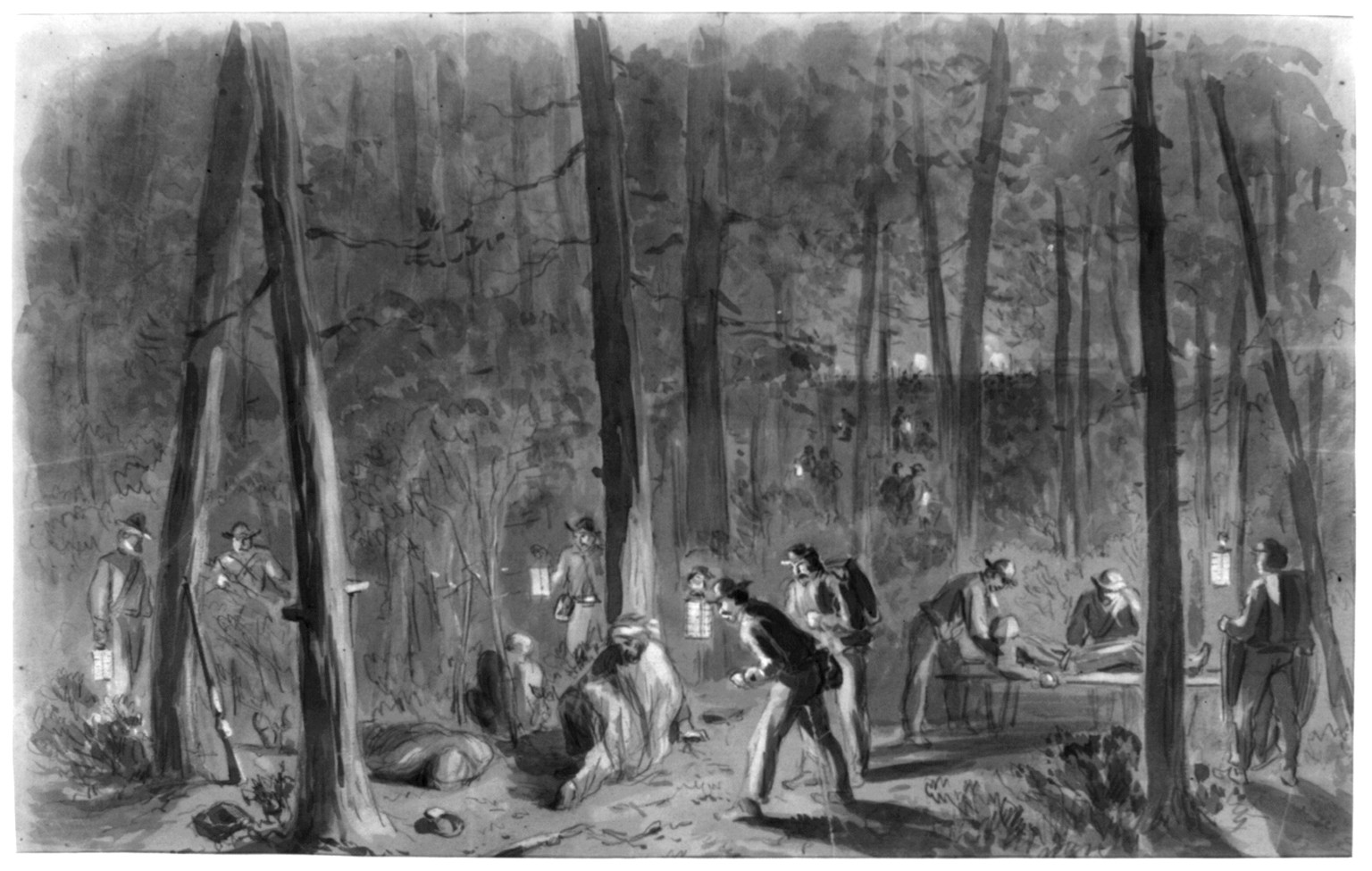 Hospital attendants - collecting the wounded after the engagement - within our lines near Hatchers run, [1864 between September and October] — historic drawing