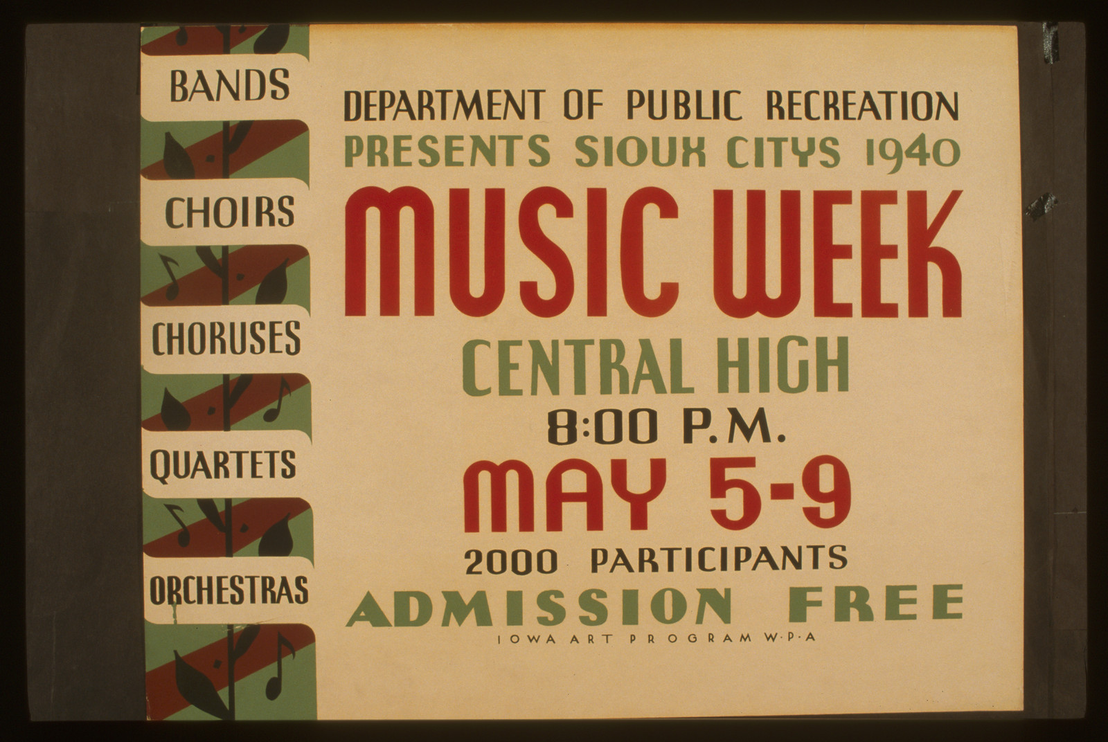 Department of Public Recreation presents Sioux Citys [sic] 1940 music week Bands choi, 1940 — vintage poster