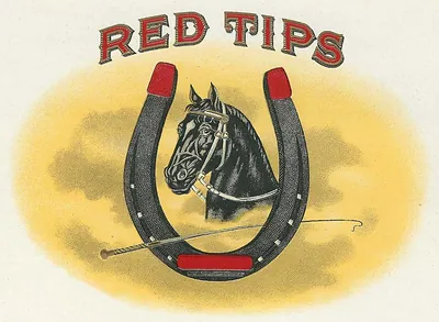 Red Tips cigar label with horse head in horseshoe