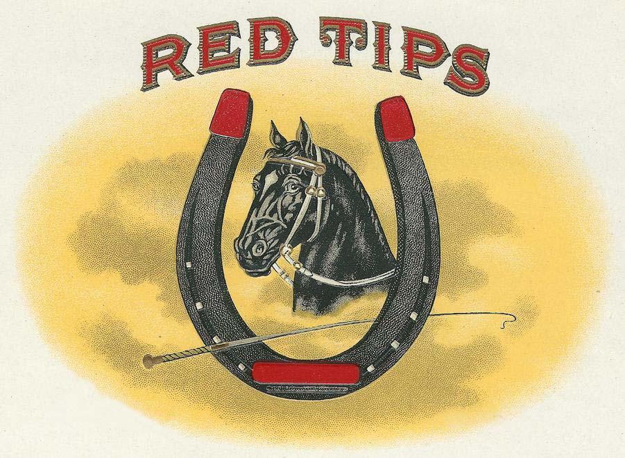 Red Tips cigar label with horse head in horseshoe — historic image