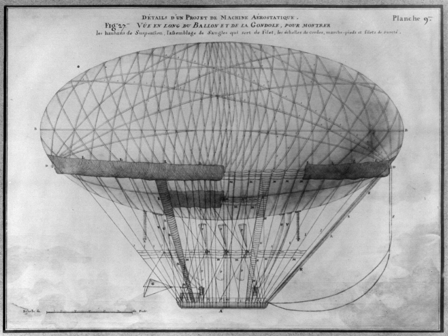 Details d'un Projet de Machine Aerostatique [Capture balloon]: side view of entire balloon, [no date recorded on caption card] — antique engraving