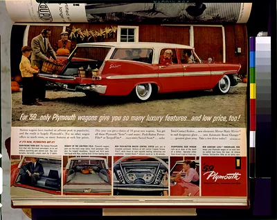 [Page of advertisement for Plymouth automobiles, showing a 1959 Plymouth station wagon and four details of its interior]