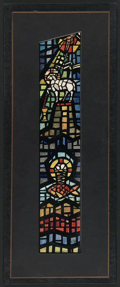 Design drawing for stained glass window with lamb and chalice