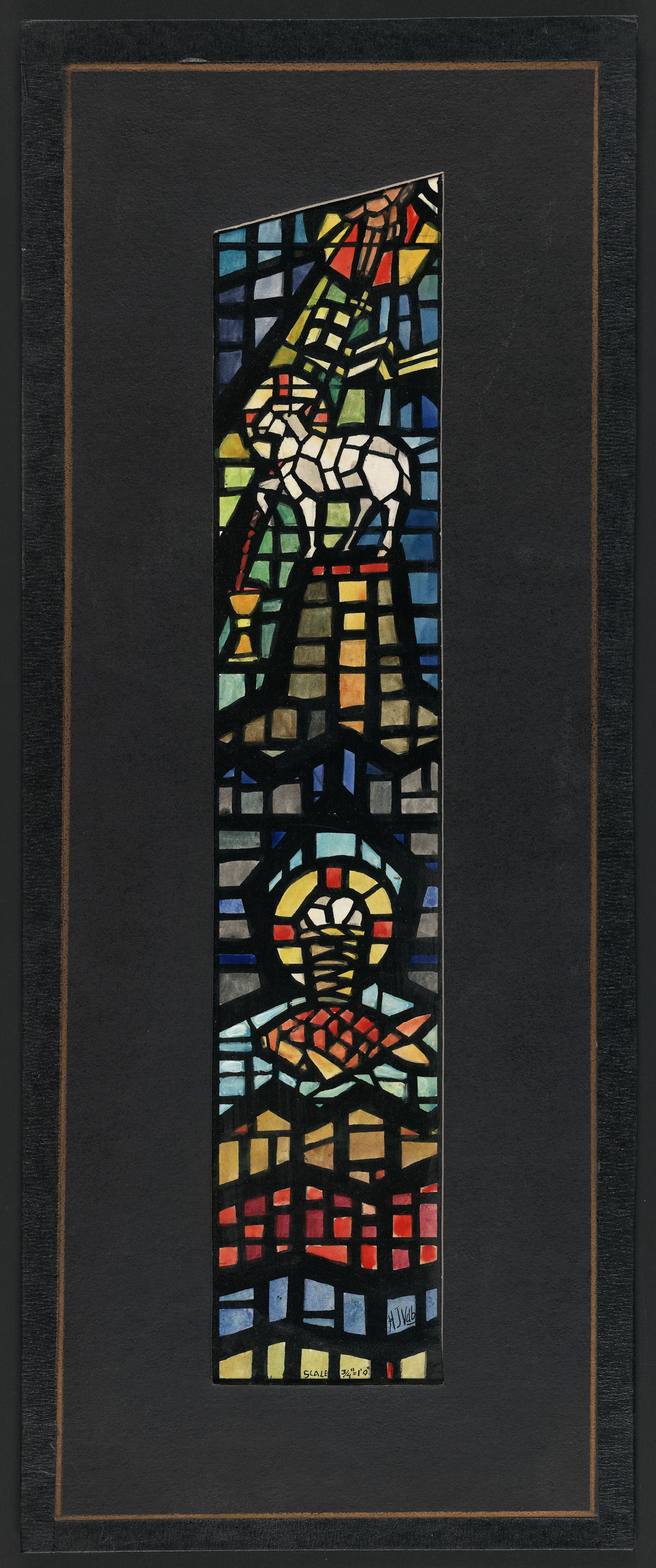 Design drawing for stained glass window with lamb and chalice — historic drawing