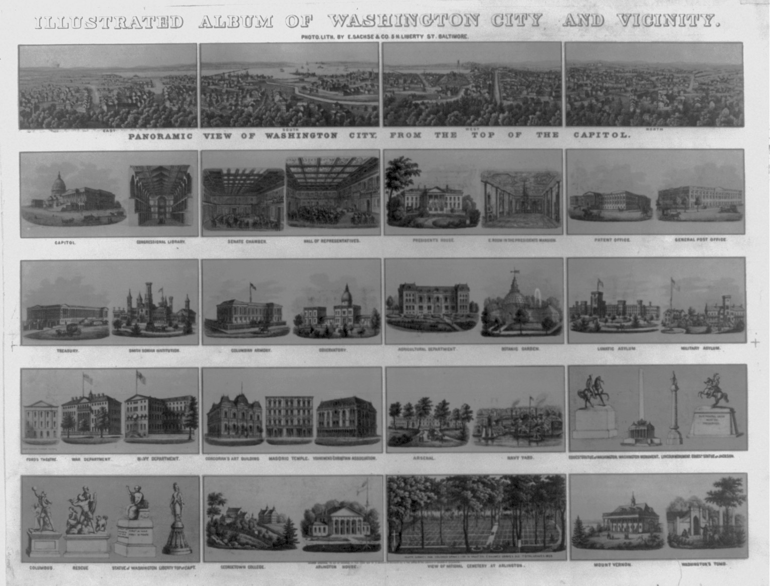 Illustrated album of Washington City and vicinity - panoramic view of Washington City, from the top of the Capitol, c1870. — historic print