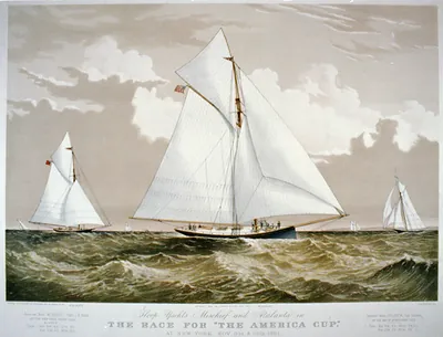 Sloop yachts Mischief and Atalanta in the race for The America Cup""