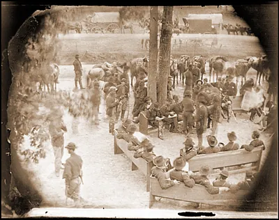 Massaponax Church Va. Council of War: Gen. Ulysses S. Grant (left end of bench near