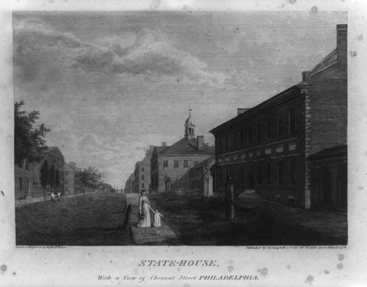 State-House, With a View of Chestnut Street, Philadelphia, 1800 — antique engraving