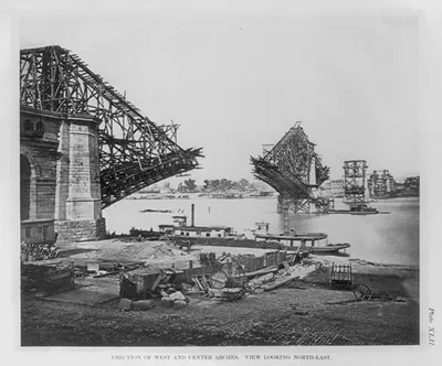 The St. Louis Bridge: Erection of west and center arches. View looking northeast