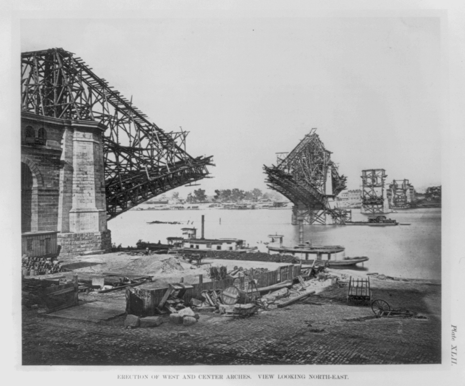 The St. Louis Bridge: Erection of west and center arches. View looking northeast, 1881 — historic print