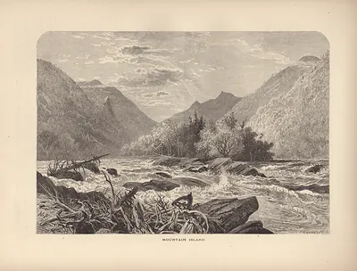 Mountain Island: rapids past a wooded island in a valley