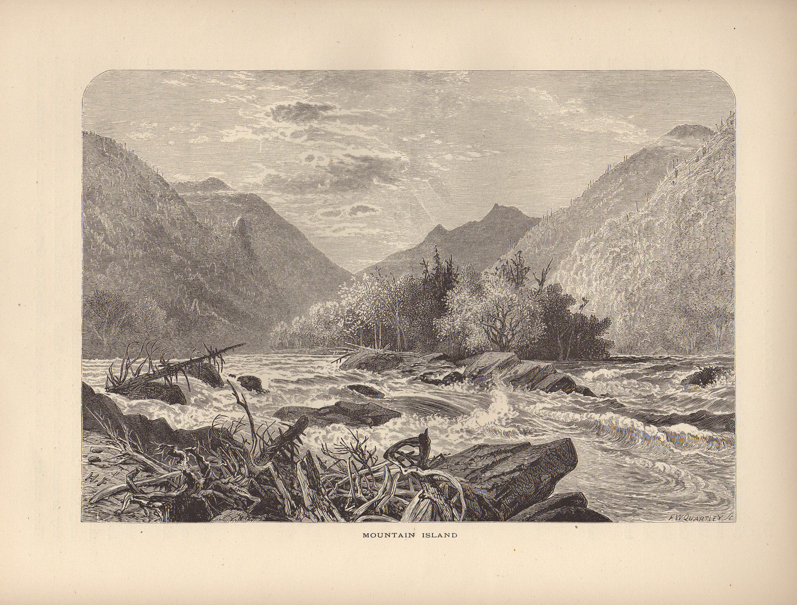 Mountain Island: rapids past a wooded island in a valley — historic image