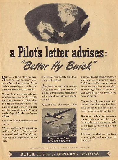 Buick advertisement: a pilot's letter advises "Better fly Buick